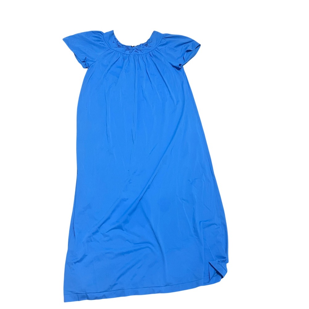Shadowline Blue Floral Embroidered Nylon Maxi Nightgown Flutter Sleeve Womens M